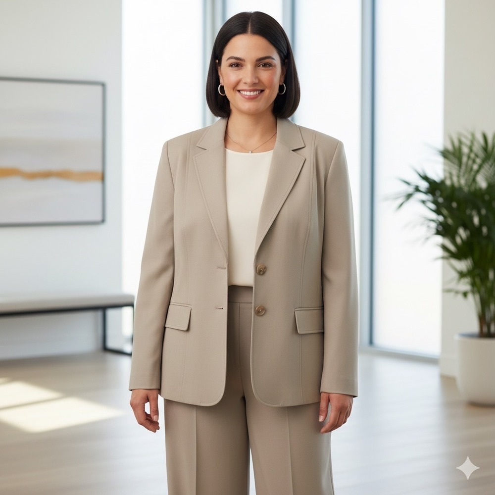 NEW Kasper 2 Piece Pants Suit Women Plus 24 Tan 2 Button Blazer Wide Leg Work